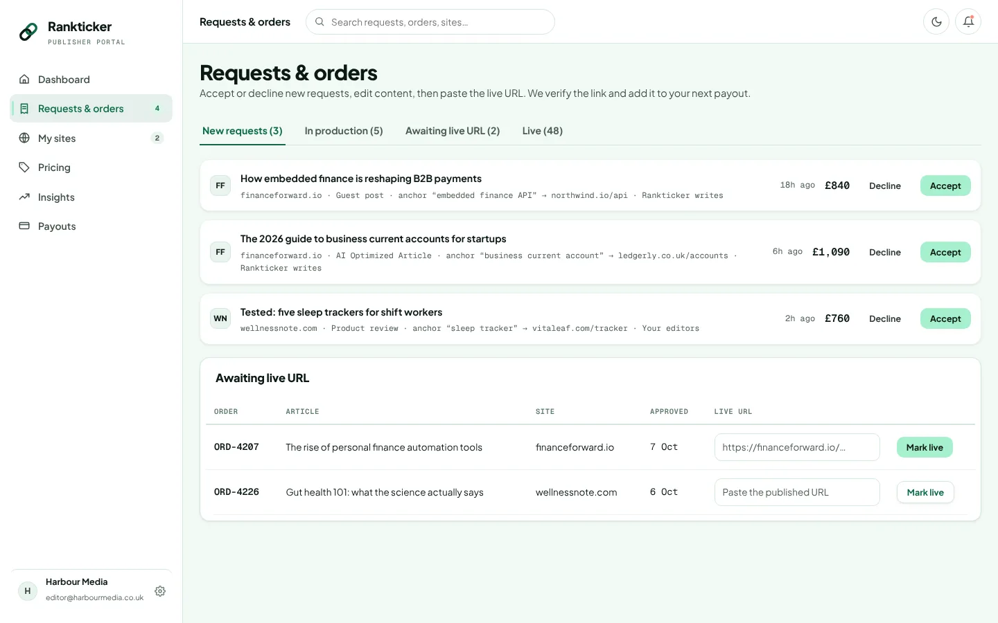Rankticker publisher portal orders screen listing incoming requests to accept or decline, orders in progress, and an option to mark an order live