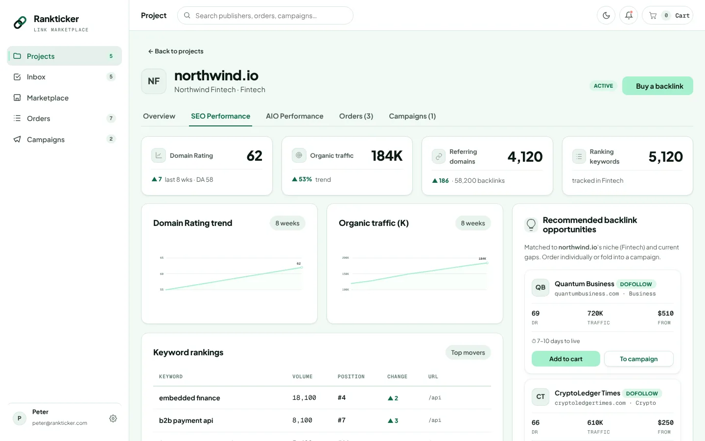 Rankticker project SEO performance tab with Domain Rating trend, organic traffic trend, referring domains, ranking keywords, keyword position changes and recommended backlink opportunities